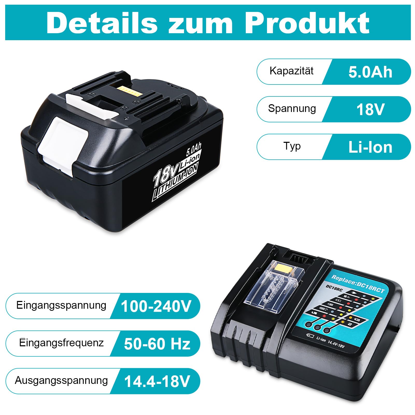 Batería de repuesto BL1860B y DC18RC de 5,0 Ah, 18 V, compatible con batería Makita LXT BL1830 BL1840 BL1850 BL1860 para herramientas de 18 V con indicador LED