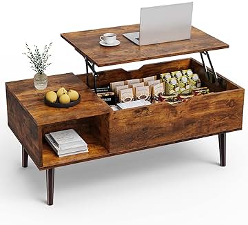 Sweetcrispy Coffee Table, Lift Top Coffee Tables for Living Room, Small Rising Wooden Dining Center Tables with Storage Shelf and Hidden Compartment, Brown