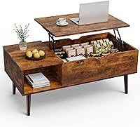 Sweetcrispy Lift-Top Coffee Table with Hidden Storage Shelf, Small Rising Wooden Center Table for Living Room, Brown