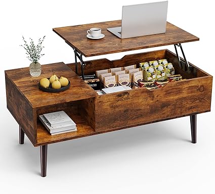 Sweetcrispy Lift Top Coffee Tables for Living Room, Small Rising Wooden Center Tables with Storage Shelf and Hidden Compartment, Brown