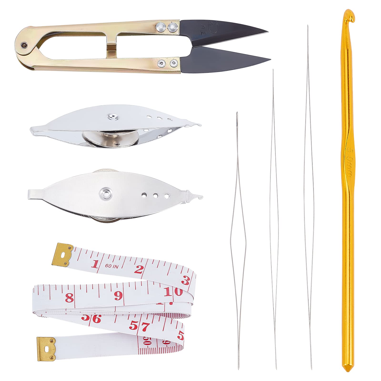 BENECREAT 8Set Bobbin Tatting Shuttle DIY Silver Metal Needle Tatting Sewing Craft Tools, with Iron Shuttles, Aluminum Crochet Hook, Scissor, Soft Tape Measure and Big Eye Beading Needles