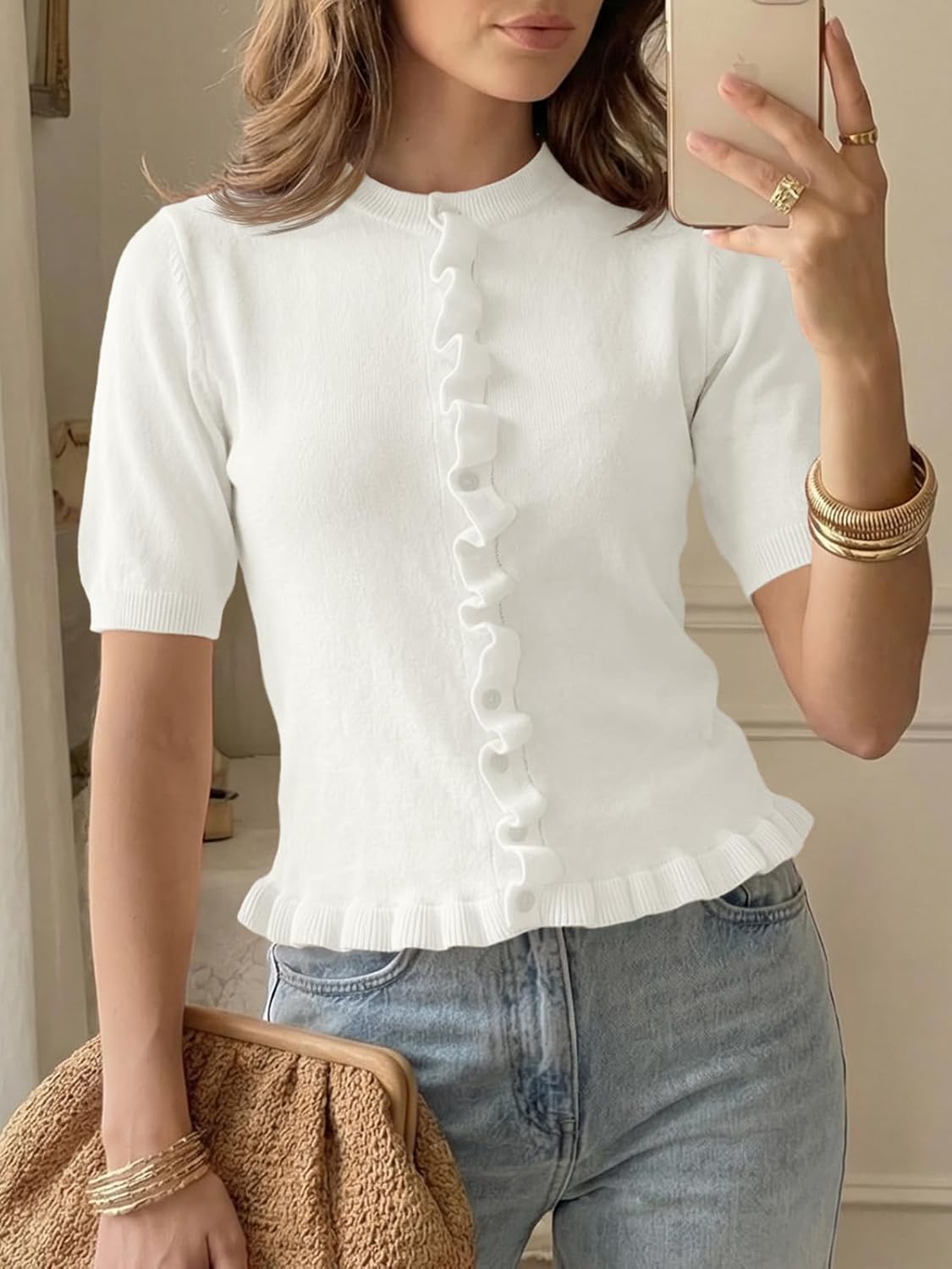 Saodimallsu Womens Ruffle Cardigan Puff Short Sleeve Cute Summer Button Down Lightweight Soft Knit Crewneck Sweater Tops - Image 2