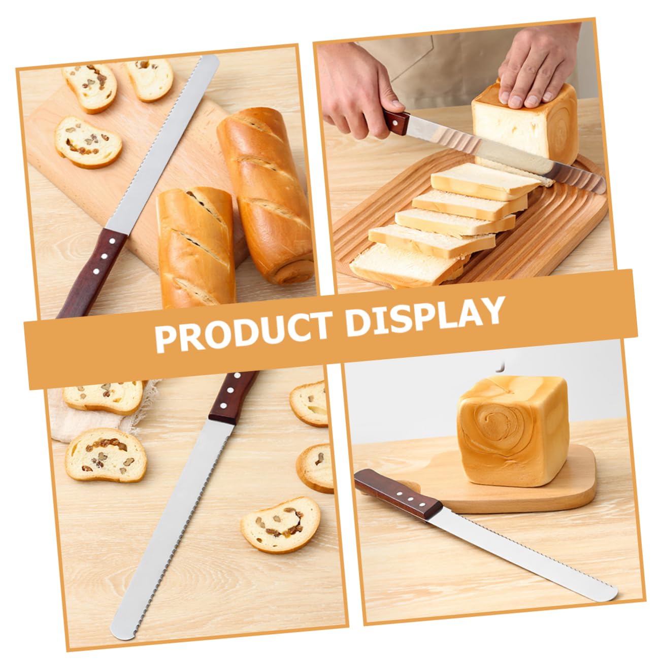 COLLBATH Stainless Steel Slicer Bread Knife Serrated Steel Blade Long Bread Cutter Cake Knife Wood Handle