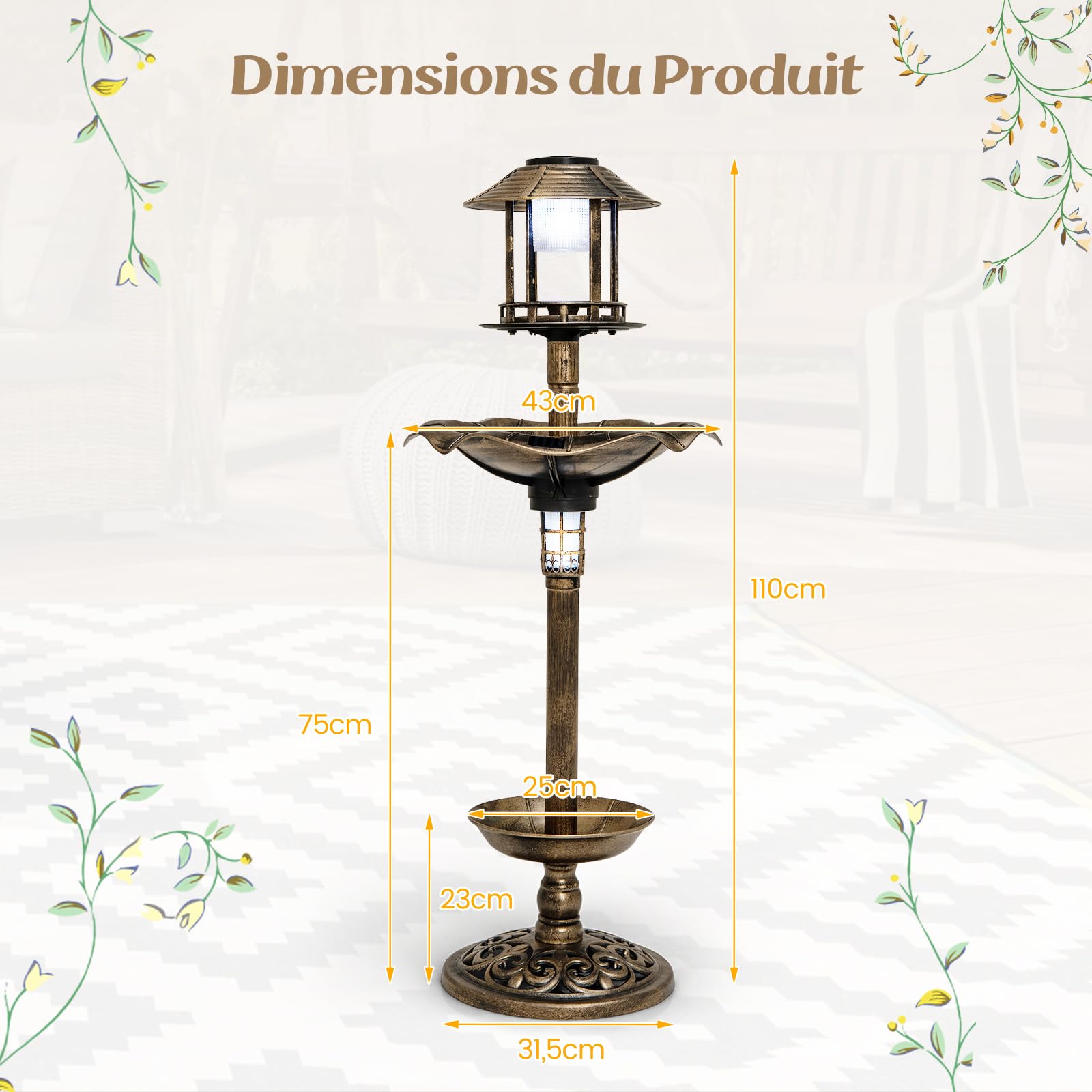 GOPLUS Bain Oiseuax Sauvages sur Pied, Fontaine Oiseaux Exterieur, Bronze | Abreuvoir en PP, dim. Ø43x110H CM, Base Remplissable et 3 Piquets, 2 Lampes à Solaire, Antique Décoration pour Jardin, Cour