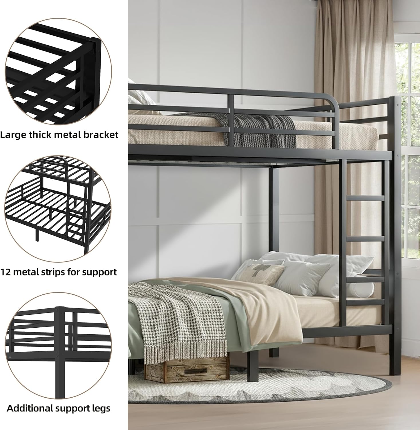 Close-up images showing large thick metal bracket, 12 metal strips for support, and additional support legs.