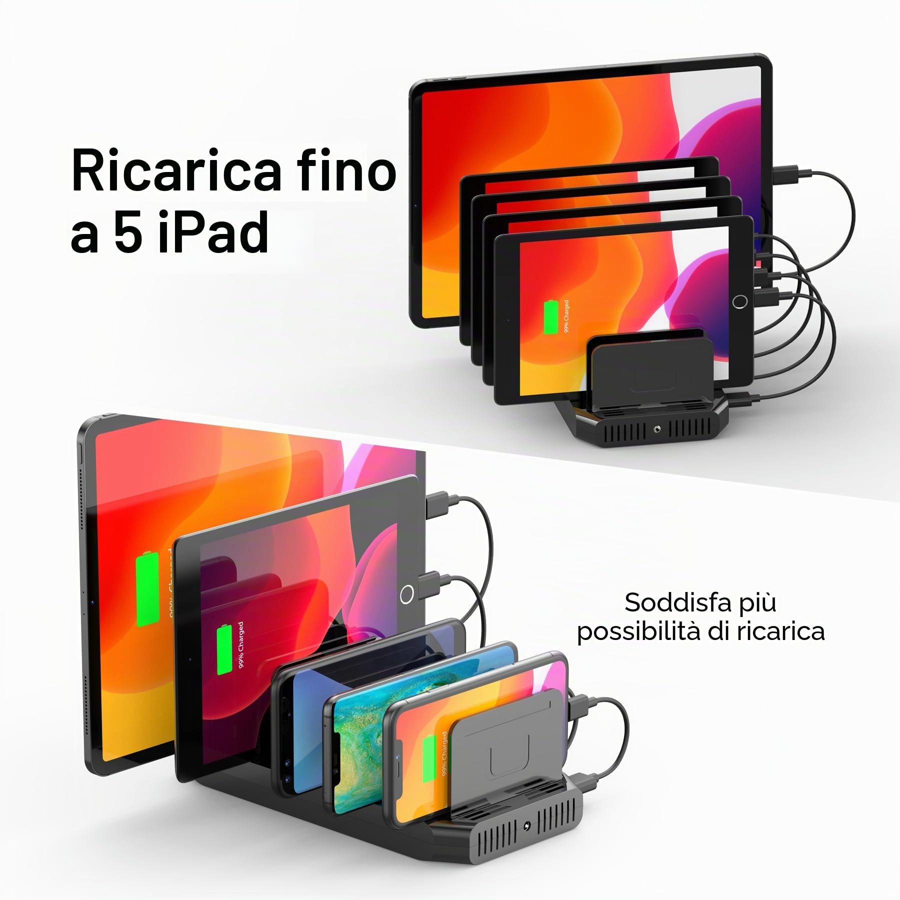 Unitek 60 W stazione di ricarica 10 porte, stazione di ricarica USB multi-dispositivo con separatori regolabili e SmartIC, compatibile con telefono, tablet e altro ancora