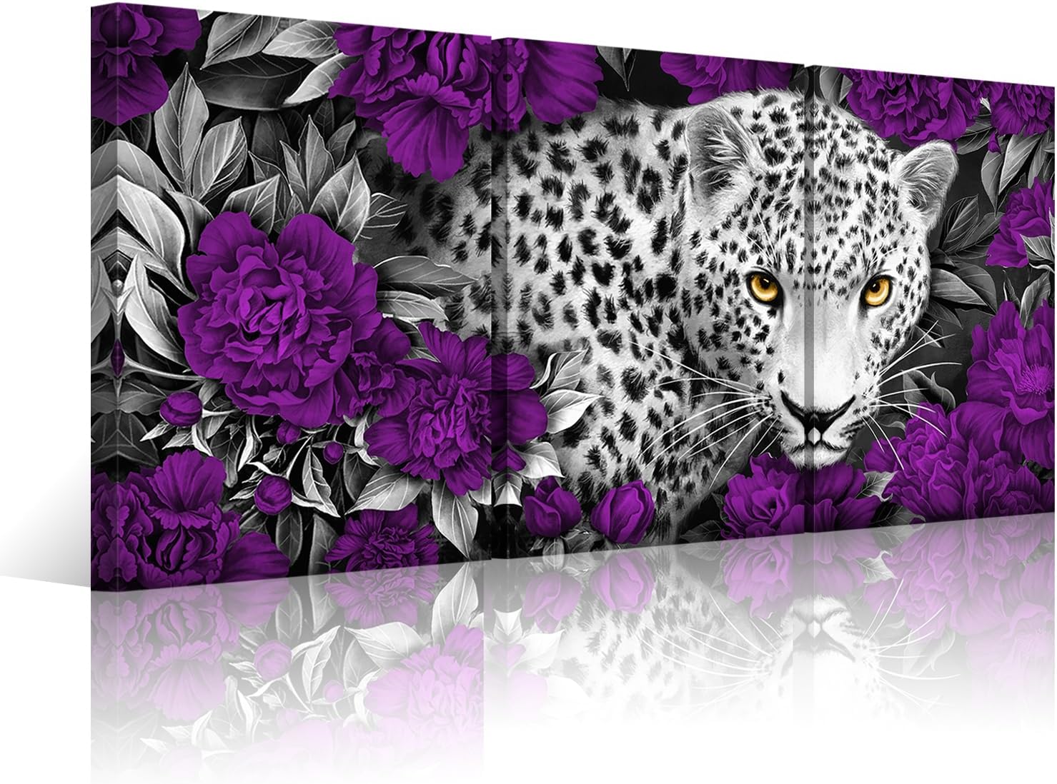 Visual Art Decor Purple Room Decor Leopard & Purple Flowers Floral Wall Art Cheetah Decor Picture Framed Artwork for Walls 3 Piece (12x16inchx3 Pieces)