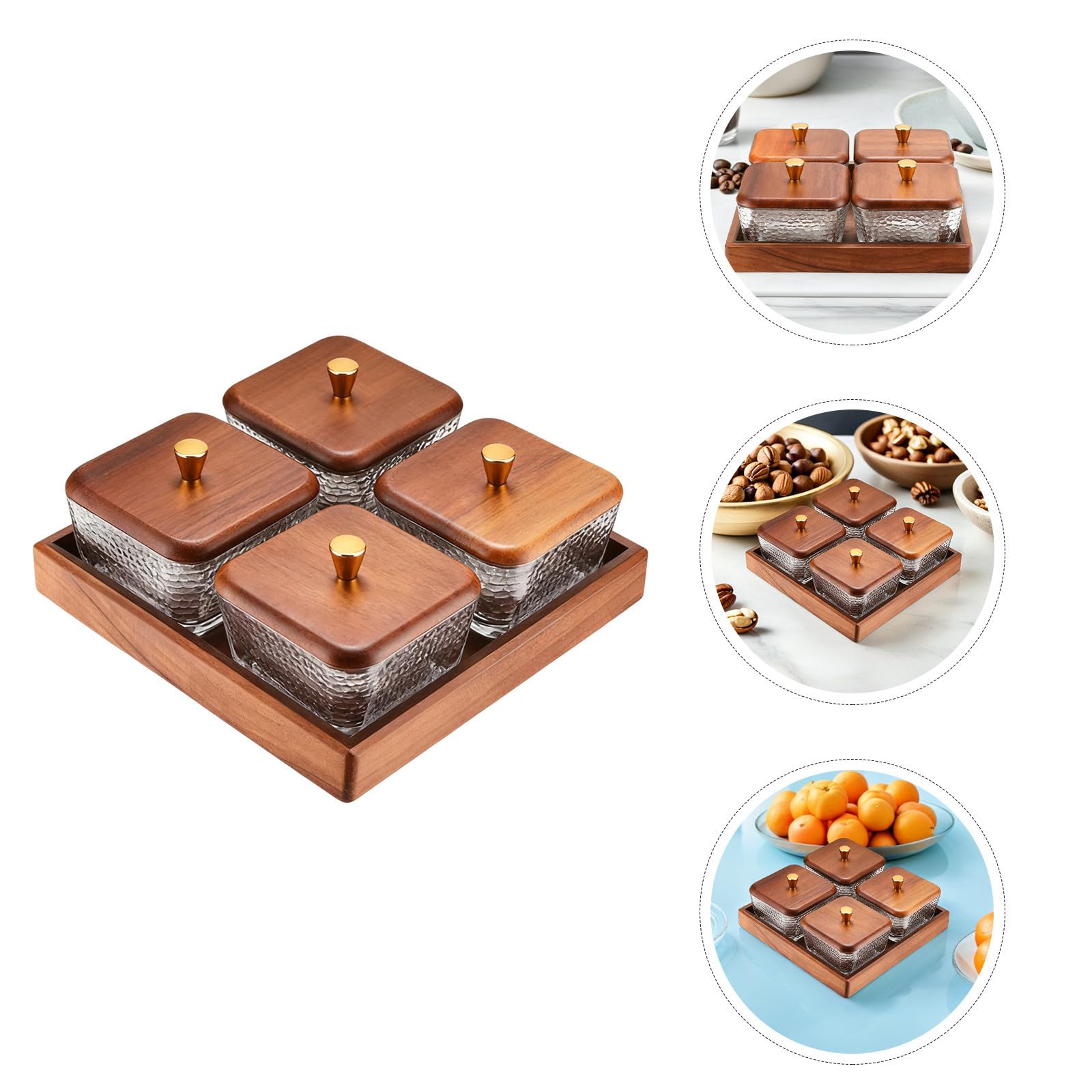 Zerodeko Bandeja de Fruta de Madera y Vidrio con 4 Compartimentos, Diseño Dividido para Organizar Snacks y Mantener Frescos, Adecuado para Despensa de Cocina y Eventos al Aire Libre