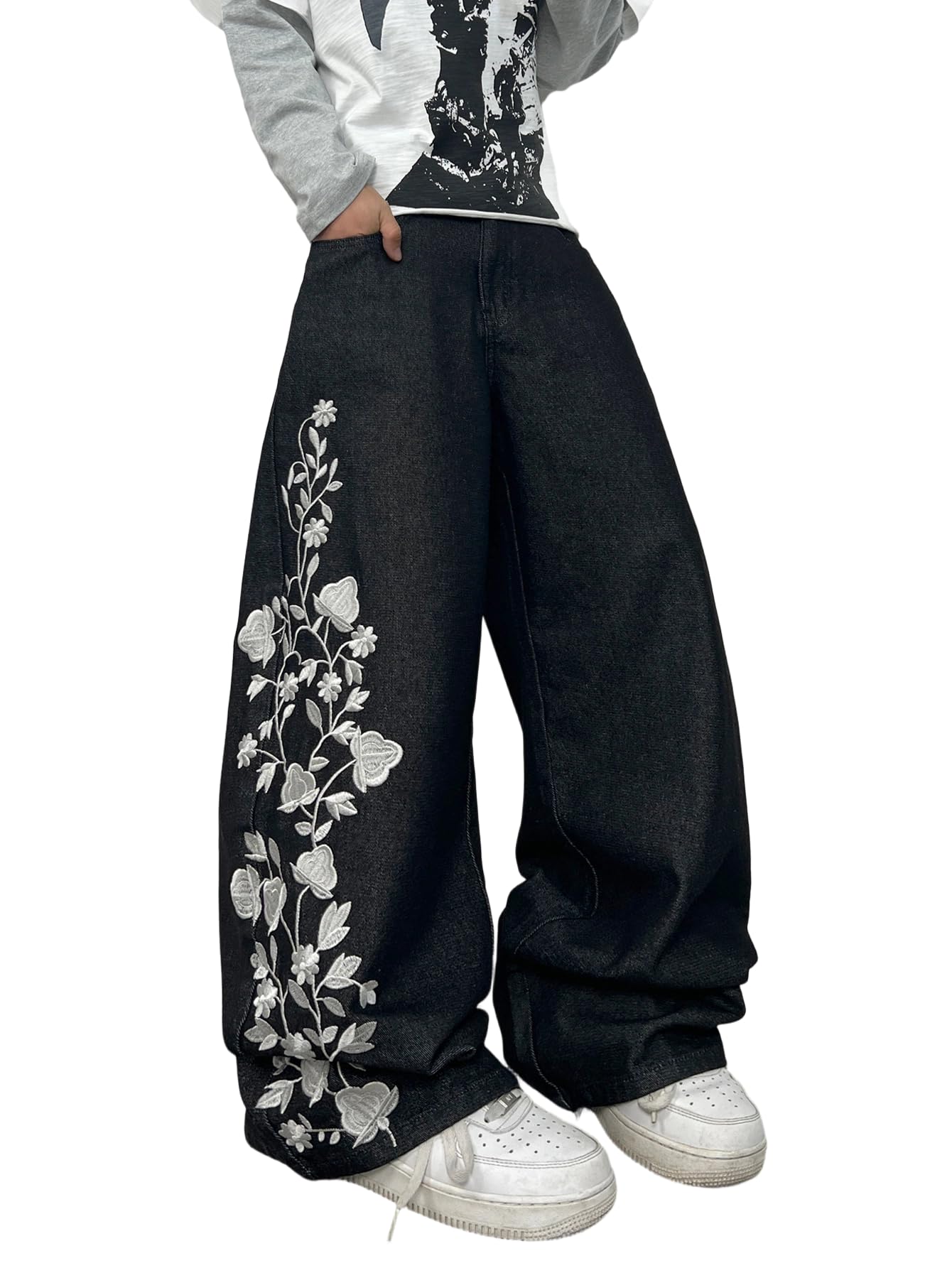 Jeans larghi da uomo con ricamo floreale, stile hip-hop, pantaloni in denim a gamba larga, streetwear