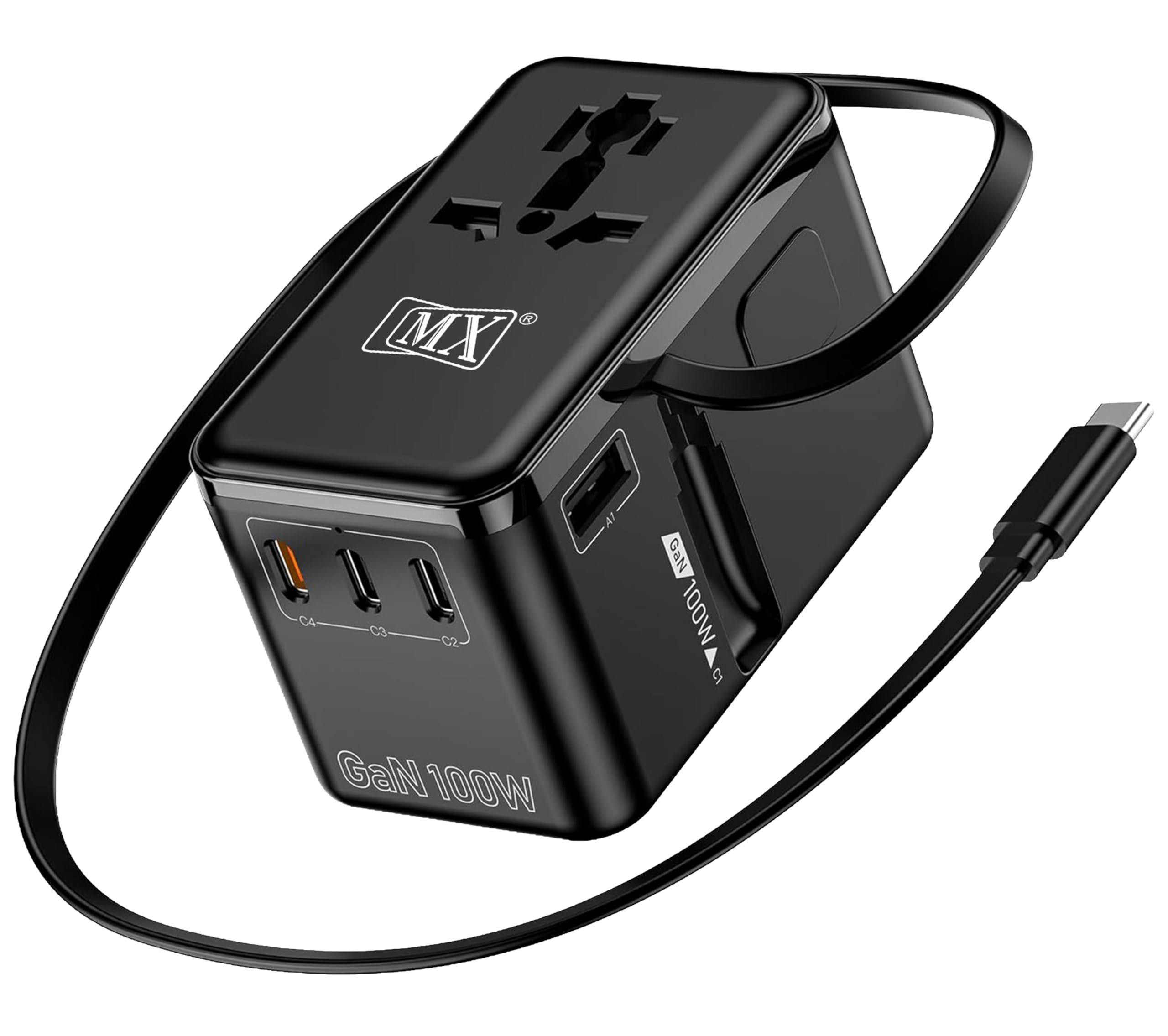 MX GaN 100W Universal Travel Adapter with Retractable 54cm USB-C Cable, 3 USB-C Ports & 1 A Port, 1 Universal Socket, 6-in-1 Fast Charging International Adapter, Type A/C/G/I Output 200+ Countries-picture-43