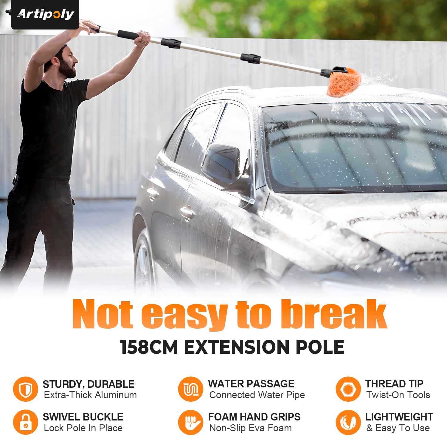 ARTIPOLY Brosse de lavage de voiture à long manche 165 cm | Poignée extensible, fixation de tuyau, anti-rayures, poils doux, idéal pour voiture, camping-car, panneaux solaires