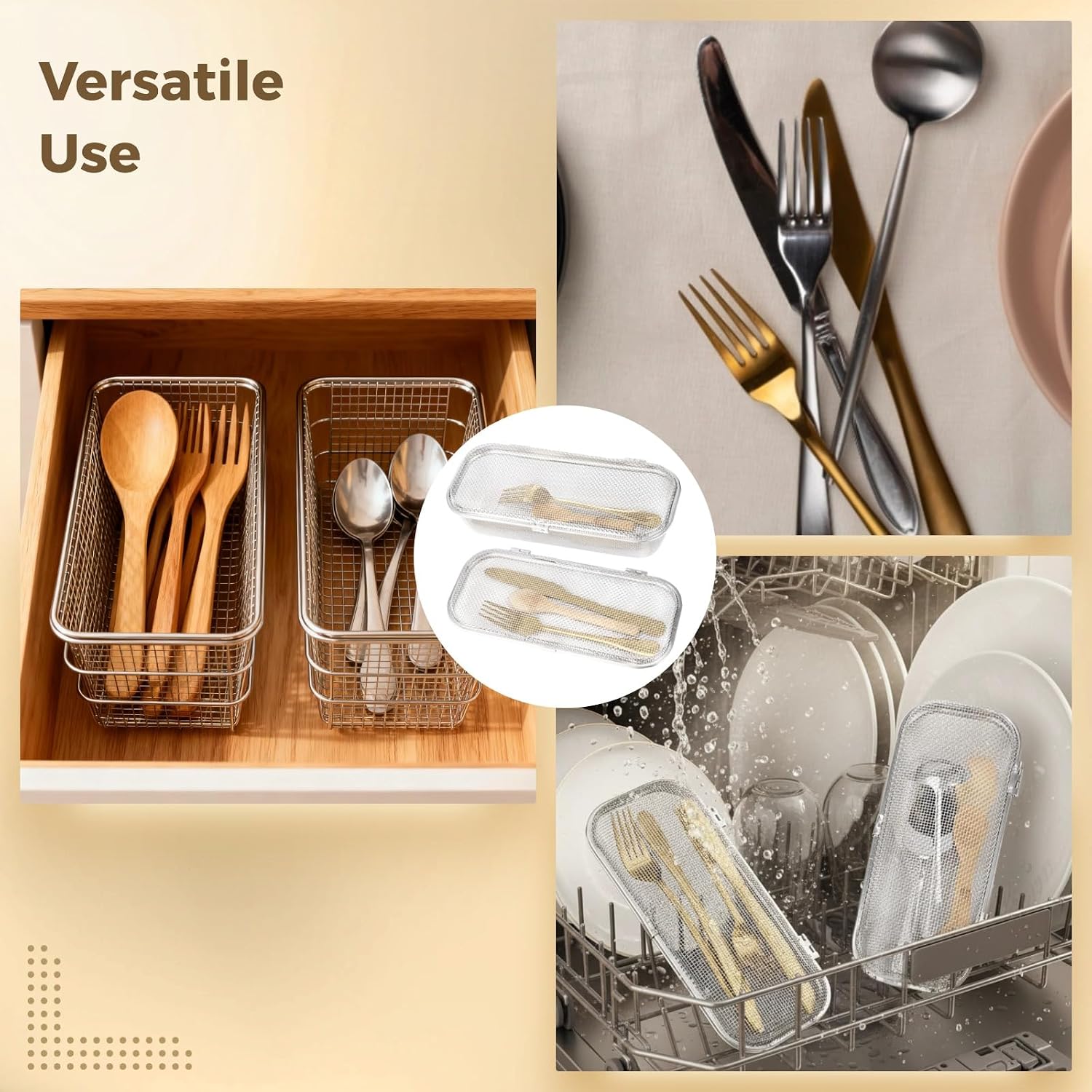 2 Pcs 304 Stainless Steel Dishwasher Basket for Small Items, Utensil Mesh Drain Silverware Holder for Scoops, Forks, Chopsticks Cleaning, 10.4 x 4.5 x 3 in, 10.4 x 4.5 x 1.4 in
