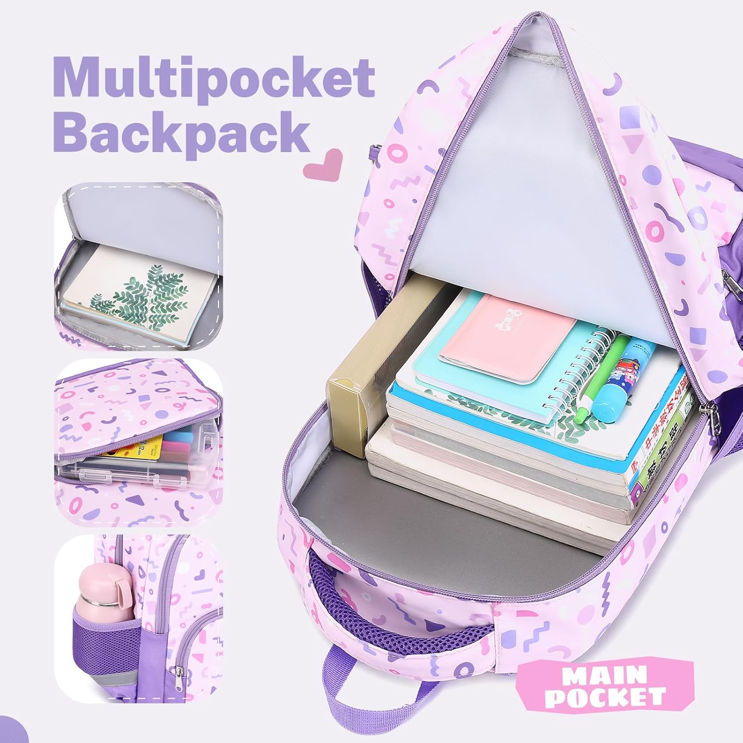 mygreen 3PCS Kids Backpack Set - Waterproof Bookbag with Lunch Box for Girls Ages 3-12, Adorable Cartoon Prints for School & Outdoor Use Light Pink Mermaid - Image 4