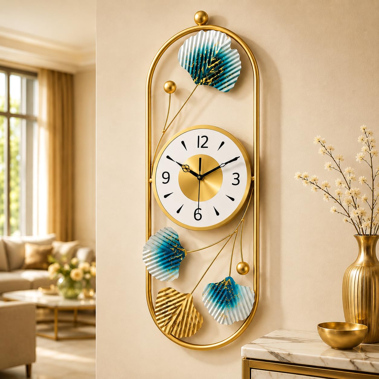 Gold Metal Wall Clock for Living Room Stylish Decor | Designer Ginkgo Leaf Wall Art | Silent Non-Ticking Premium Analog Clock for Home & Bedroom-image-22