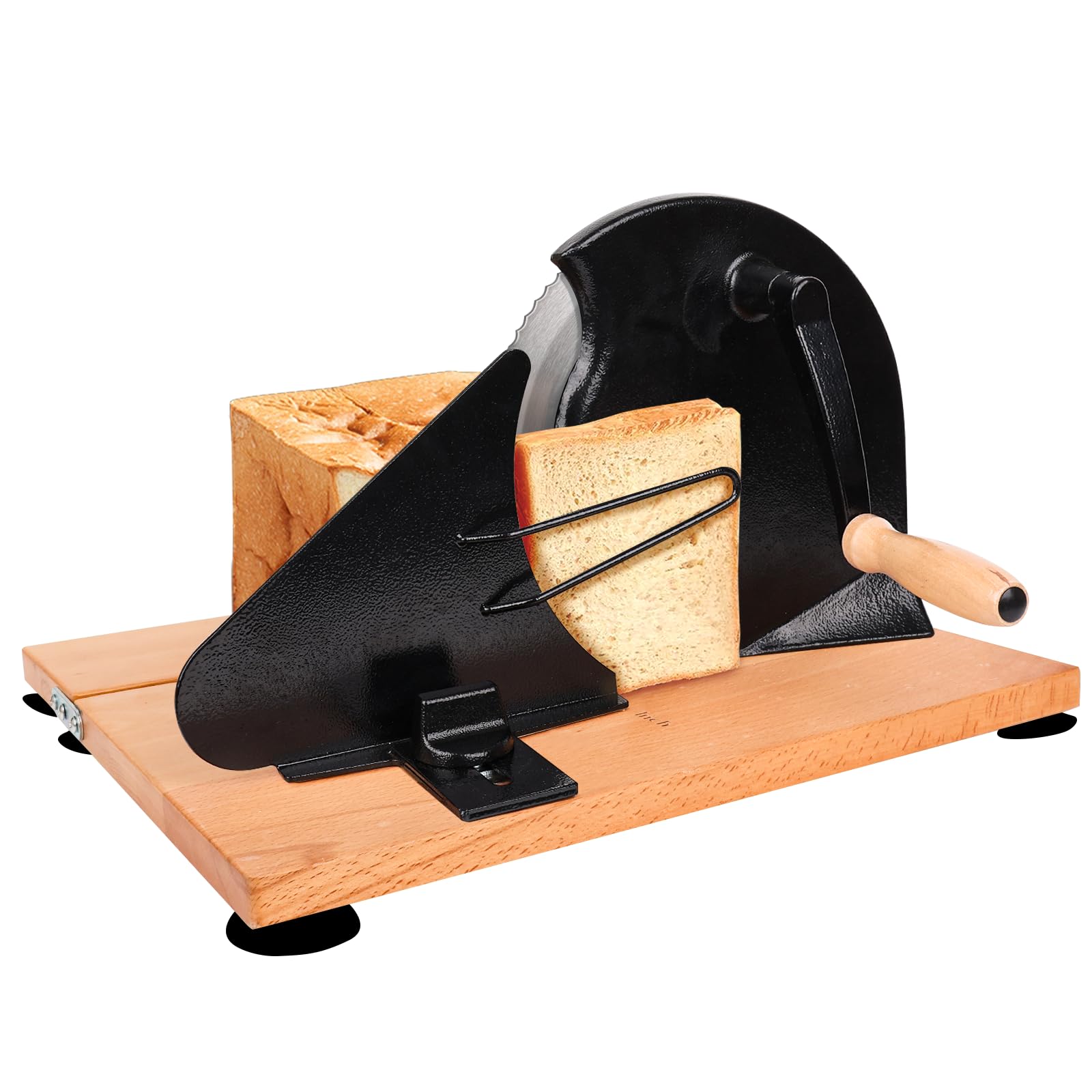 Heavy-Duty Bread Slicer Hand Crank with Foldable 14.6" Beech Base | Industrial 45# Steel & 601 Blade Cuts Tall Sourdough & Long Baguette | Metal Guide & Adjustable Thickness,Scale Line and Suction Cup
