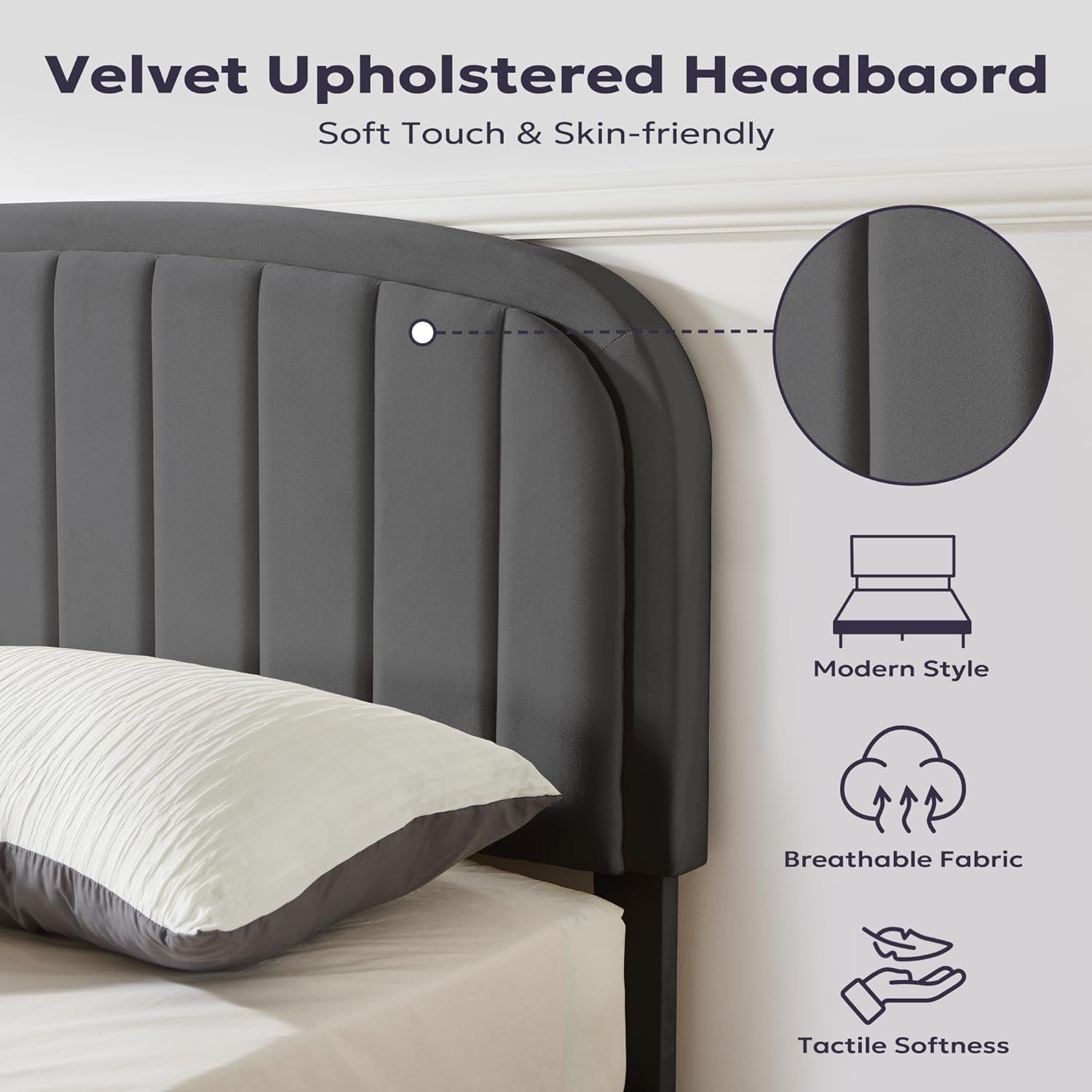 Furnify King Bed Frame, Soft Bedframe with Rounded Corners, Upholstered Velvet Fabric Platform Bed Frame with Round Headboard, Modern Style, No Box Spring Required, Easy Assembly, Grey