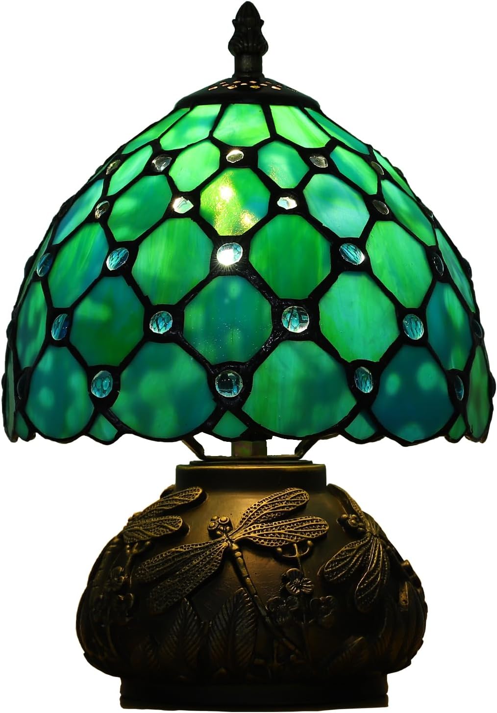 Tiffany Style Small Table Lamp for Bedroom,3 Color-temperatures Blue Beads Stained Glass Night Light,Antique Nightstand Bedside Lamps Living Room Home Office Desk Light 8X8X12Inch