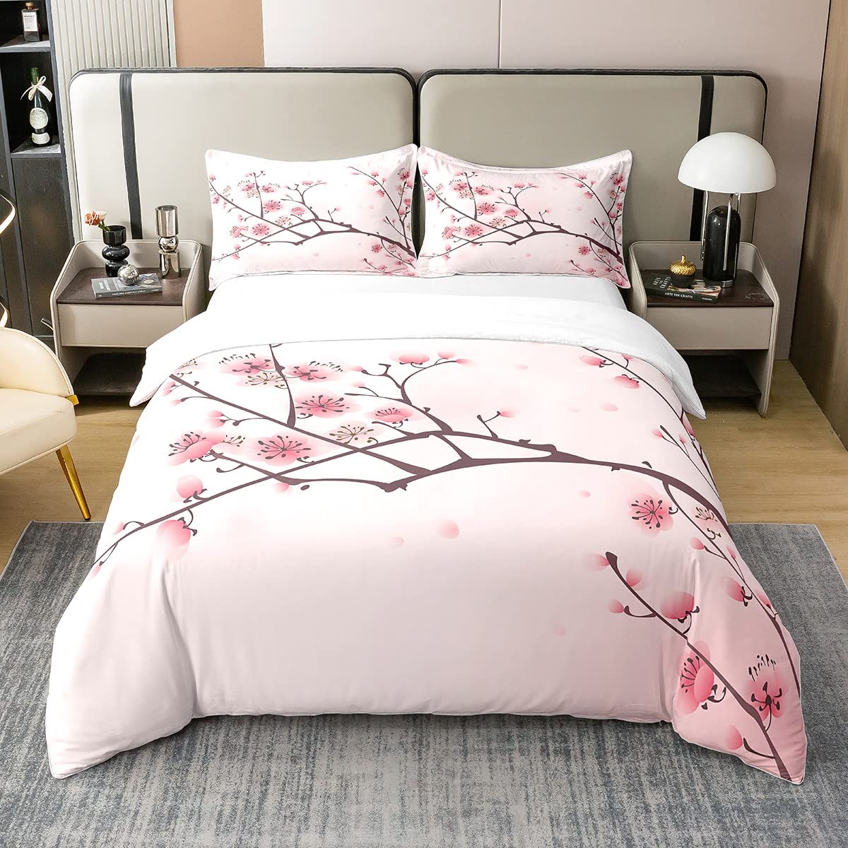 Kirschblüten 100% Bio-Baumwolle Bettbezug 135x200,Mädchen Rosa Floral Tröster Bezug,Japanische Frühling Bettwäsche Set,Blass Rosa Blütenblatt Steppdeckenbezug,Zweig Floral Bett Set für Frauen