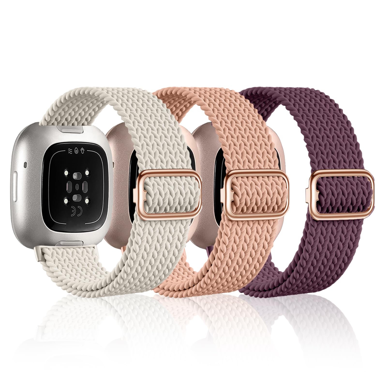 OFFCUP 3PCS Braided Stretchy Strap Compatible with Fitbit Versa 3/4/Sense/Sense 2 for Women Men Kids, Adjustable Stretchy Wristbands Nylon Sports Replacement Band