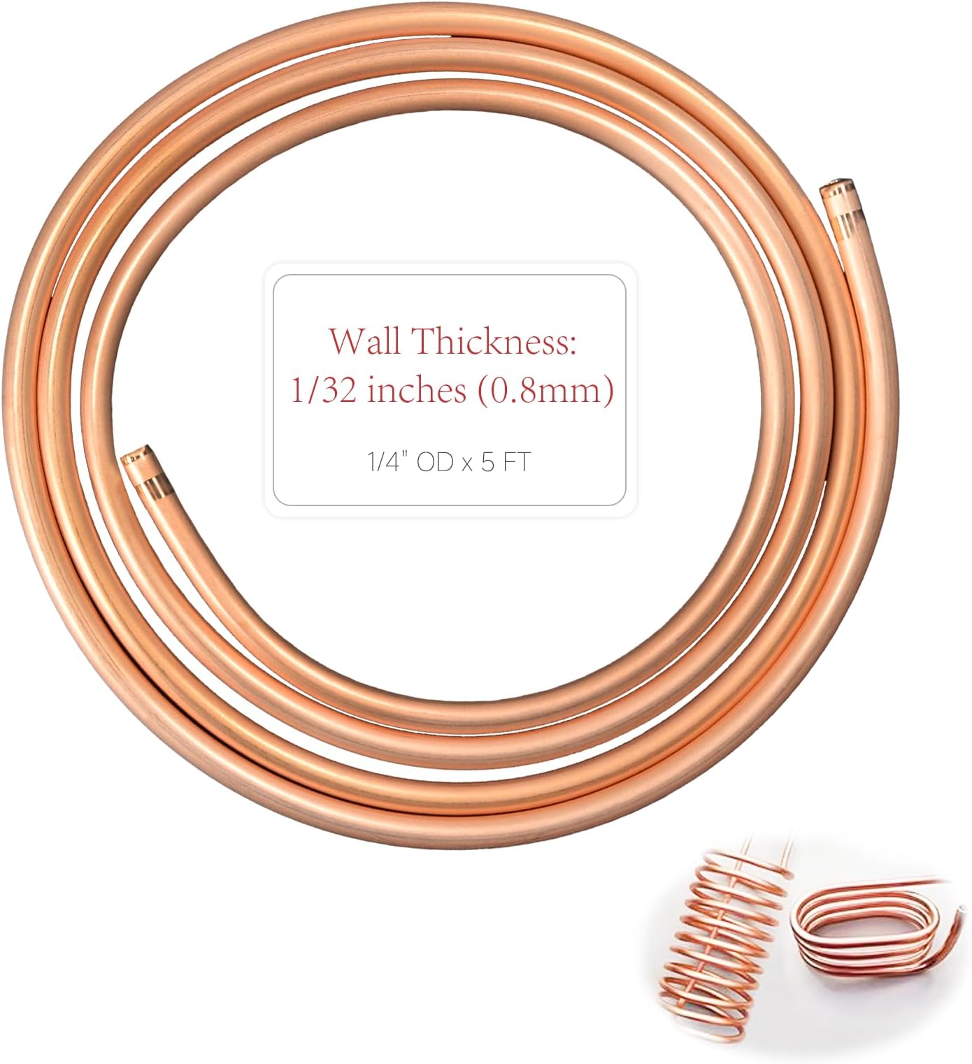 99.9% Copper Tube 1/4" OD x 3/16" ID 5 Ft, Tube Wall: 1/32", Refrigeration Seamless Round T2 Pure Copper Tubes, Soft Coil Copper Tubing, Used In Refrigerators, Air conditioners, DIY projects...