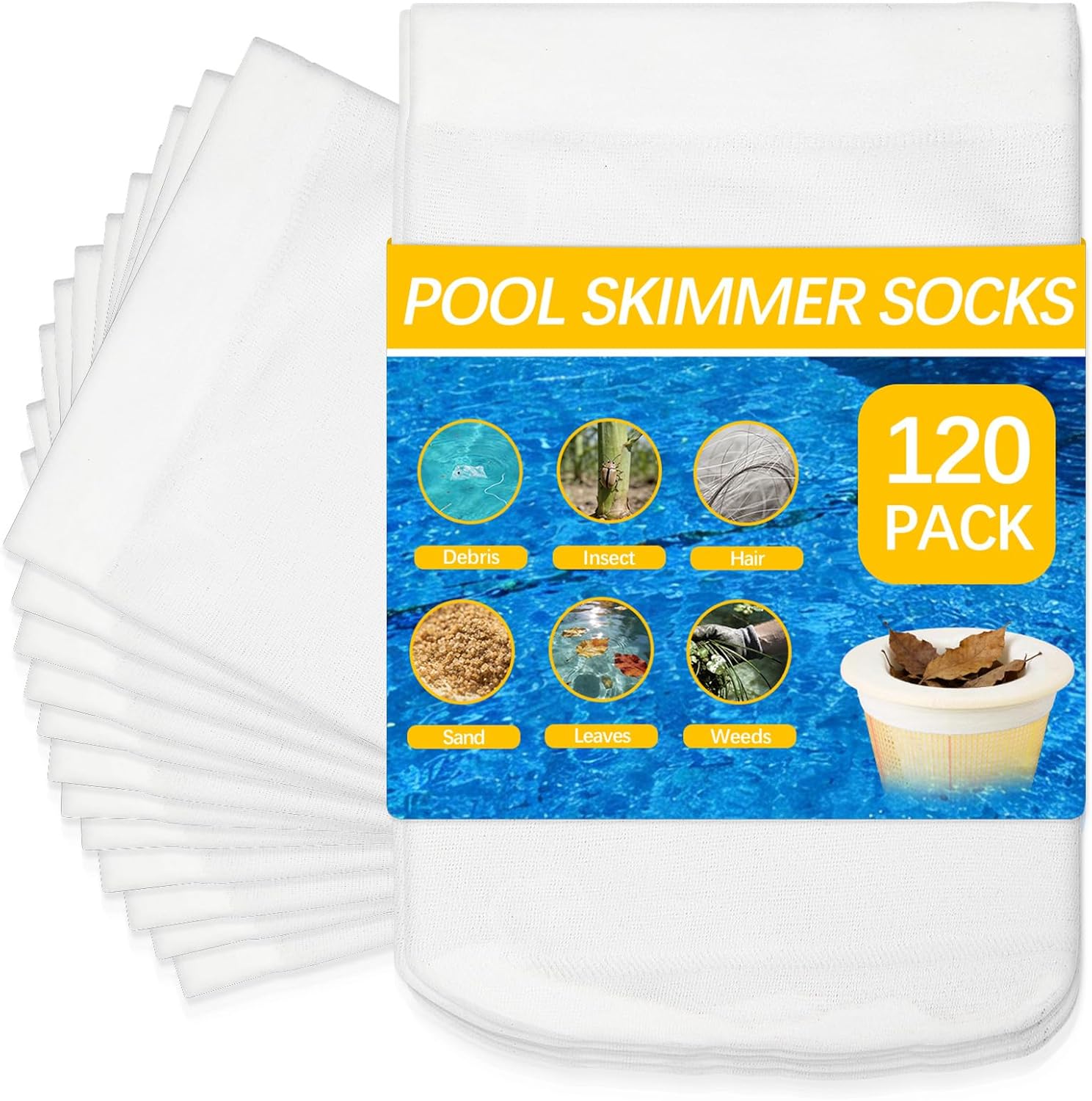 120 Pack Pool Filter Socks for Skimmer Baskets, Reusable Pool Skimmer Socks for Above Ground or Inground Pools Filter Protecting Fine Mesh Screen Basket Sock for Collecting Leaves, Branches, Debris