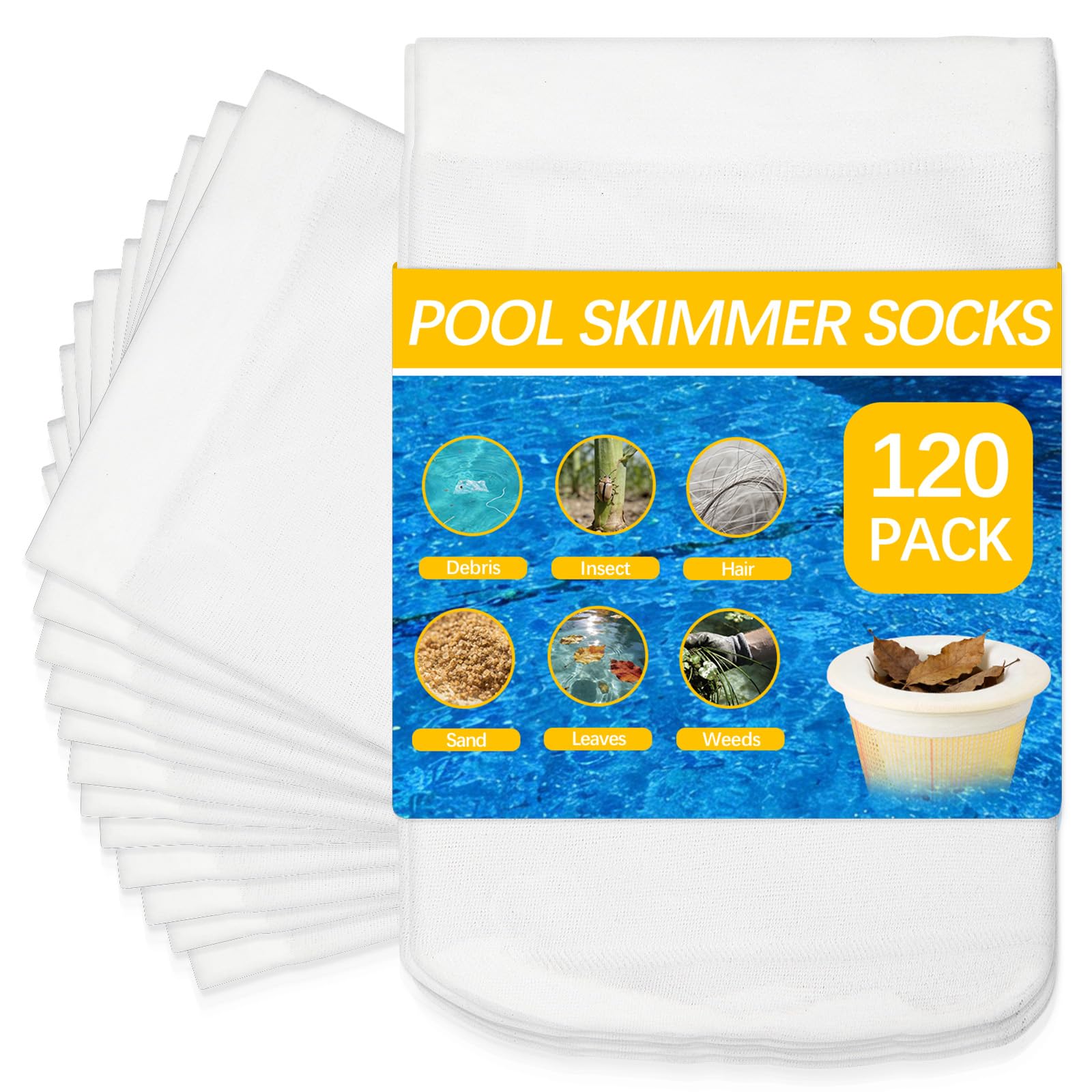 Lot de 120 chaussettes de filtre de piscine pour paniers d'écumoire, chaussettes réutilisables pour piscines hors sol ou creusées, filtre de protection en maille fine pour collecter les feuilles, les