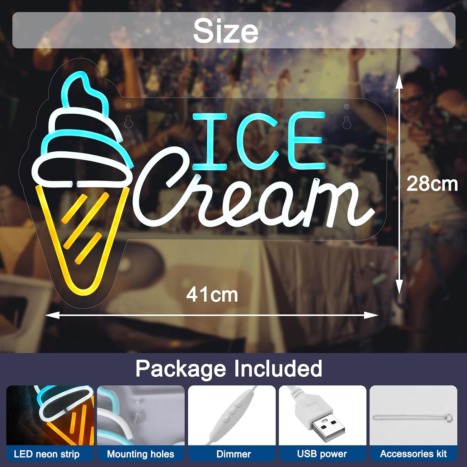 Ice Cream Neon Sign LED Light up Sign with Dimmable Switch Ice Cream Shop Wall Decor for Business Store Drink Shop Bar Party Cafe USB Powered 16.1" x 11" - Image 4
