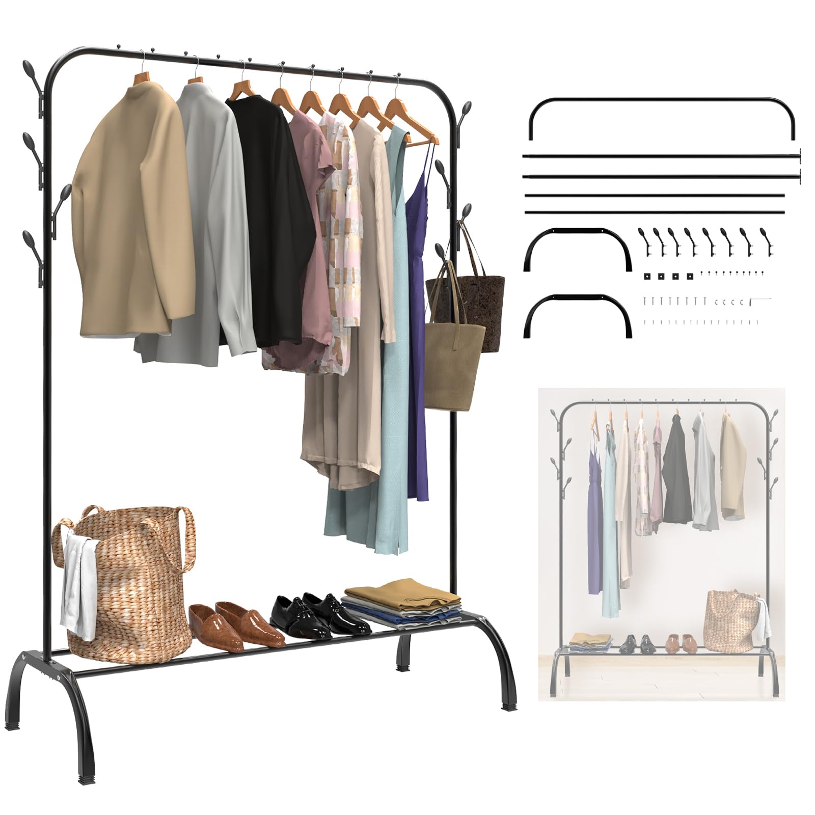 Clothes Rack for Bedroom, 150CM Heavy Duty Clothes Rail with Hooks, Holds up to 42 KG, Metal Clothing Rail, Freestanding Storage Shelf, Black