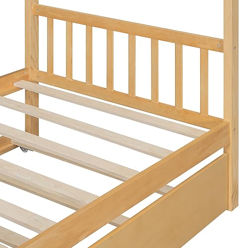 Miniatura 91 de Cama individual de casa con nido para niños, cama individual de madera con techo, marco de cama de plataforma de tamaño individual, cama con dosel