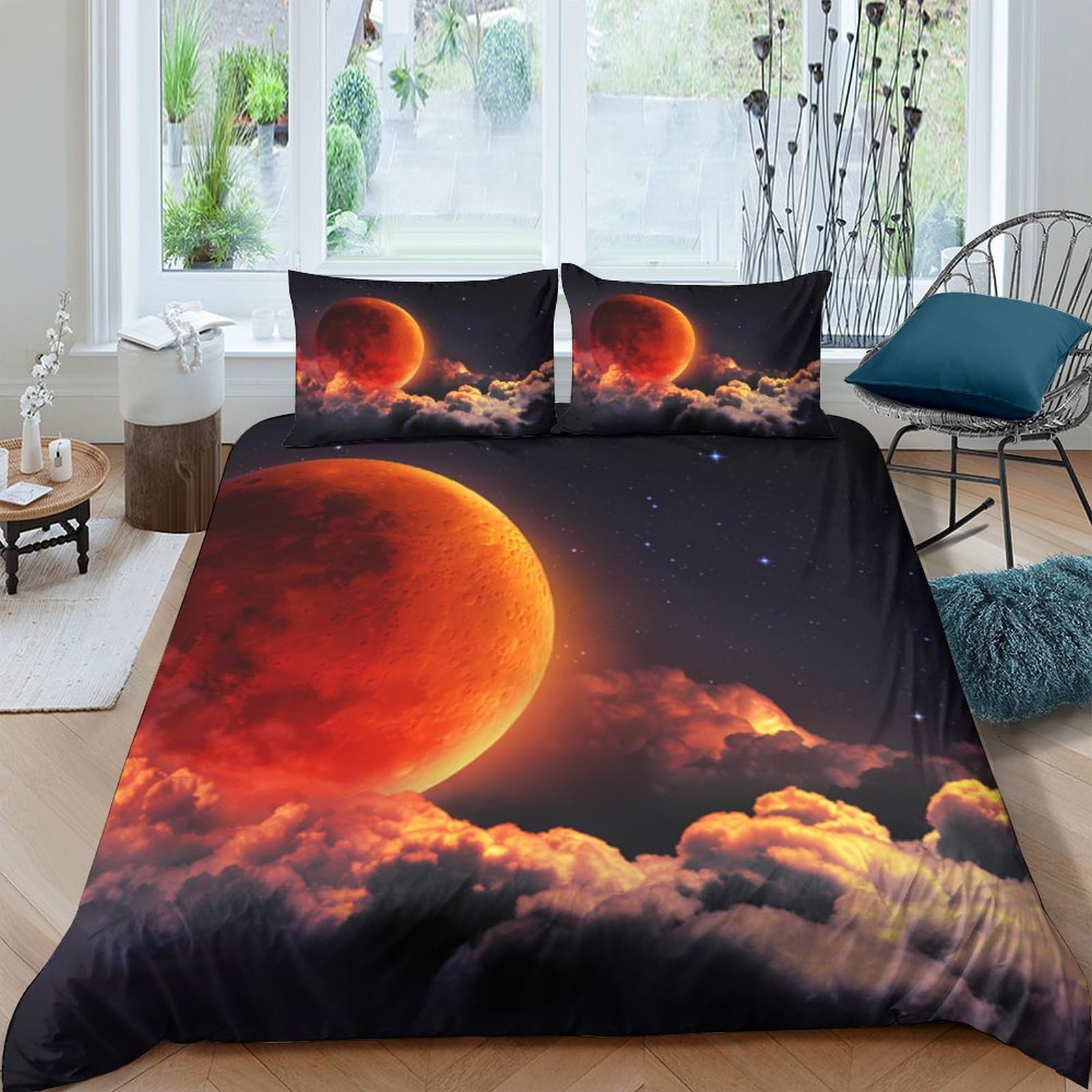 Ctjqhvkz Style-3 3D Printed Red Moon Fitted Sheet Microfiber Soft Black Night Sky Bed Cover For Bedroom Guest Room Decor Single（135X200cm）