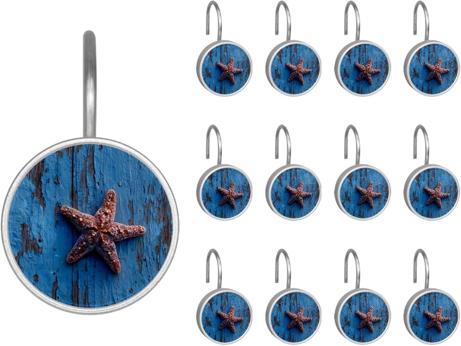12PCS Starfish on Blue Board Shower Curtain Hooks Metal Rust Resistant Decorative Shower Curtain Hooks Bathroom Decorations