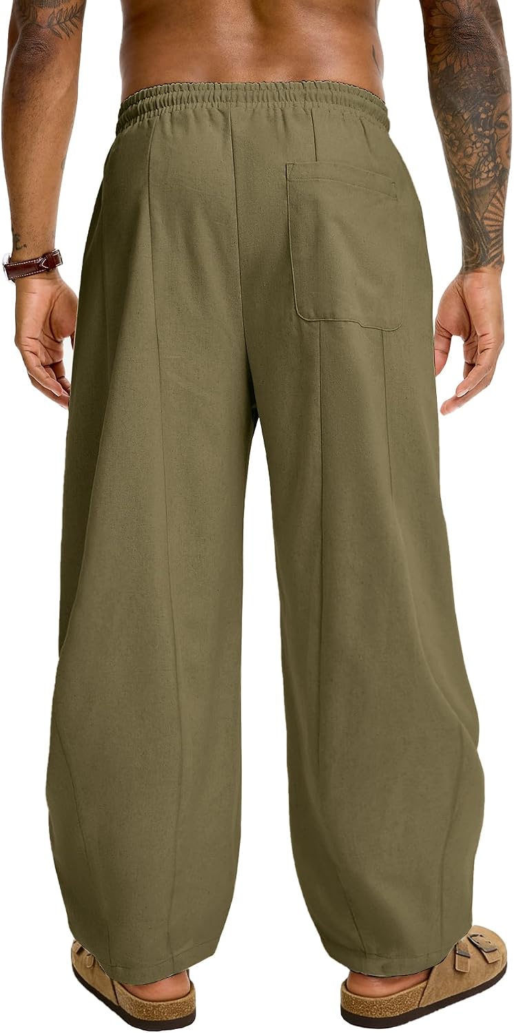 JEMLDL Men's Baggy Cotton Linen Pants Pleated Barrel Leg Trousers Drawstring Summer Beach Casual Pants