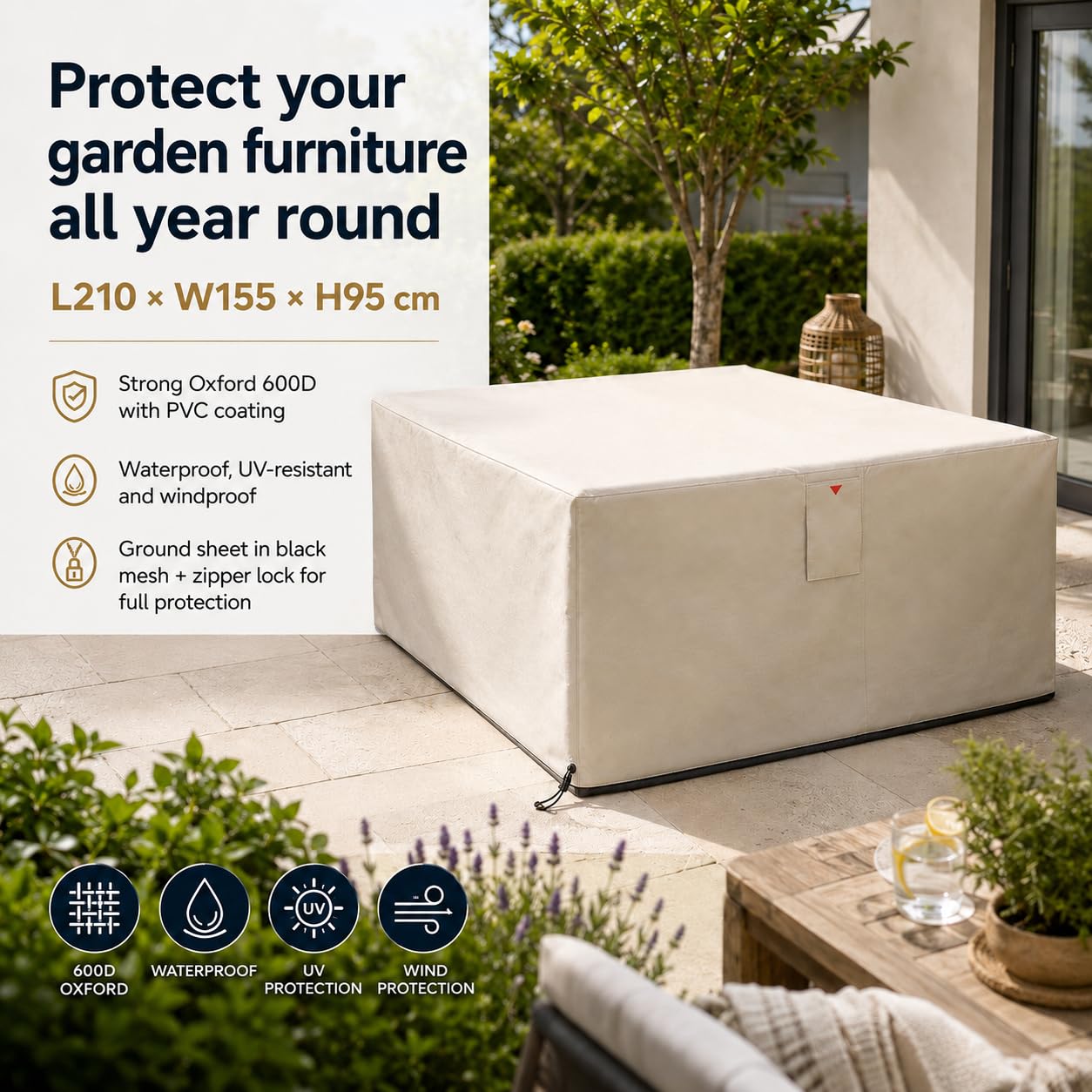 HOME It Garden Pokrowiec na meble ogrodowe 210×155×95 cm - Oxford 600D powlekany PVC, wodoodporny, ochrona UV, 2 otwory wentylacyjne, zamek błyskawiczny i ściągacz, piaskowy