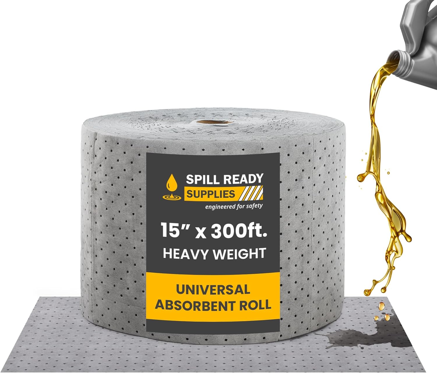 Spill Ready Universal Absorbent Mat Roll 15" x 300' - Absorbs Up to 40 gal. per roll, Perforated Industrial Sorbent Mat Roll for Oil, Coolant & Water - Gray Absorbent Pad for Shops & Warehouses