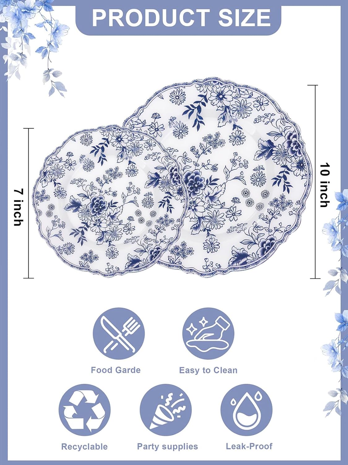 WDF 20PCS Blue and White Plates - Chinoiserie Blue Floral Plates - Baroque Floral Party Decor for Wedding Bridal/Birthdays/Tea Party
