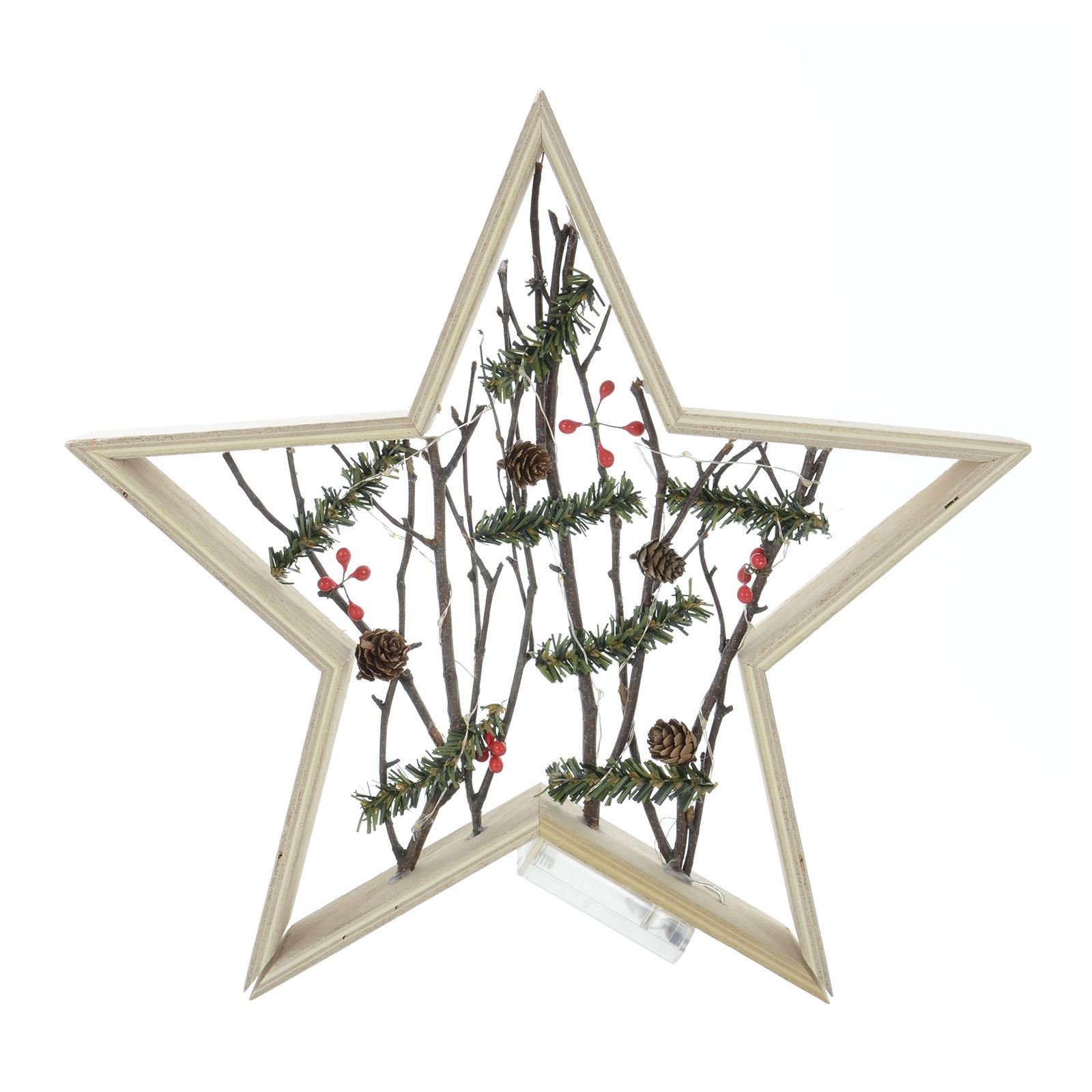 Mr Crimbo Wooden Star With Birch Berry Warm White LED Light Up Christmas Xmas Indoor Room Home Decoration