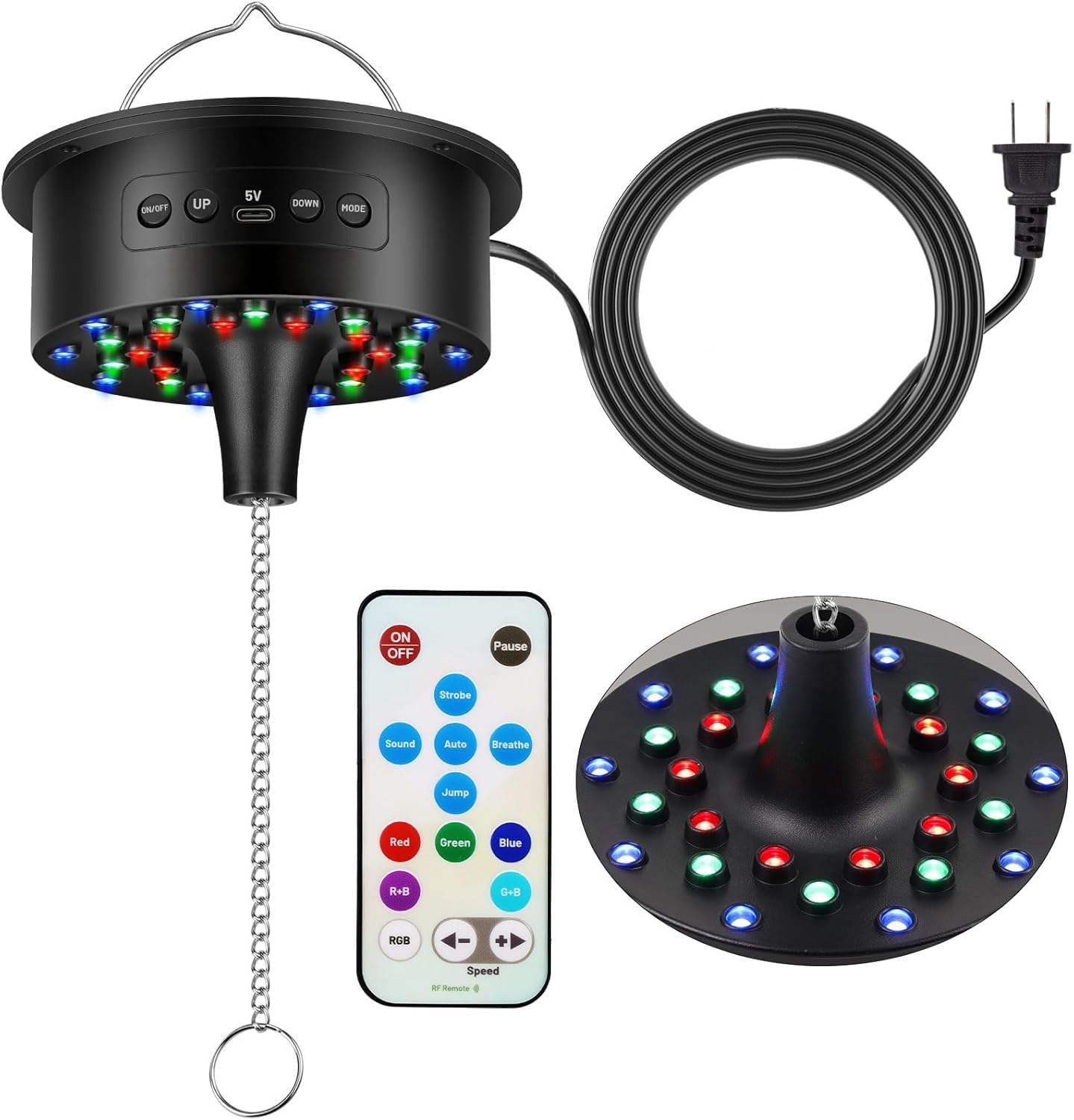 Moteur Boule Disco avec Télécommande, Boule à Facette Base 30 LED, Jeux de Lumiere pour Soiree, Lumiere DJ, Lumière Ambiance, 5 Vitesses, Piles/Câble, Projecteur Soiree Fête