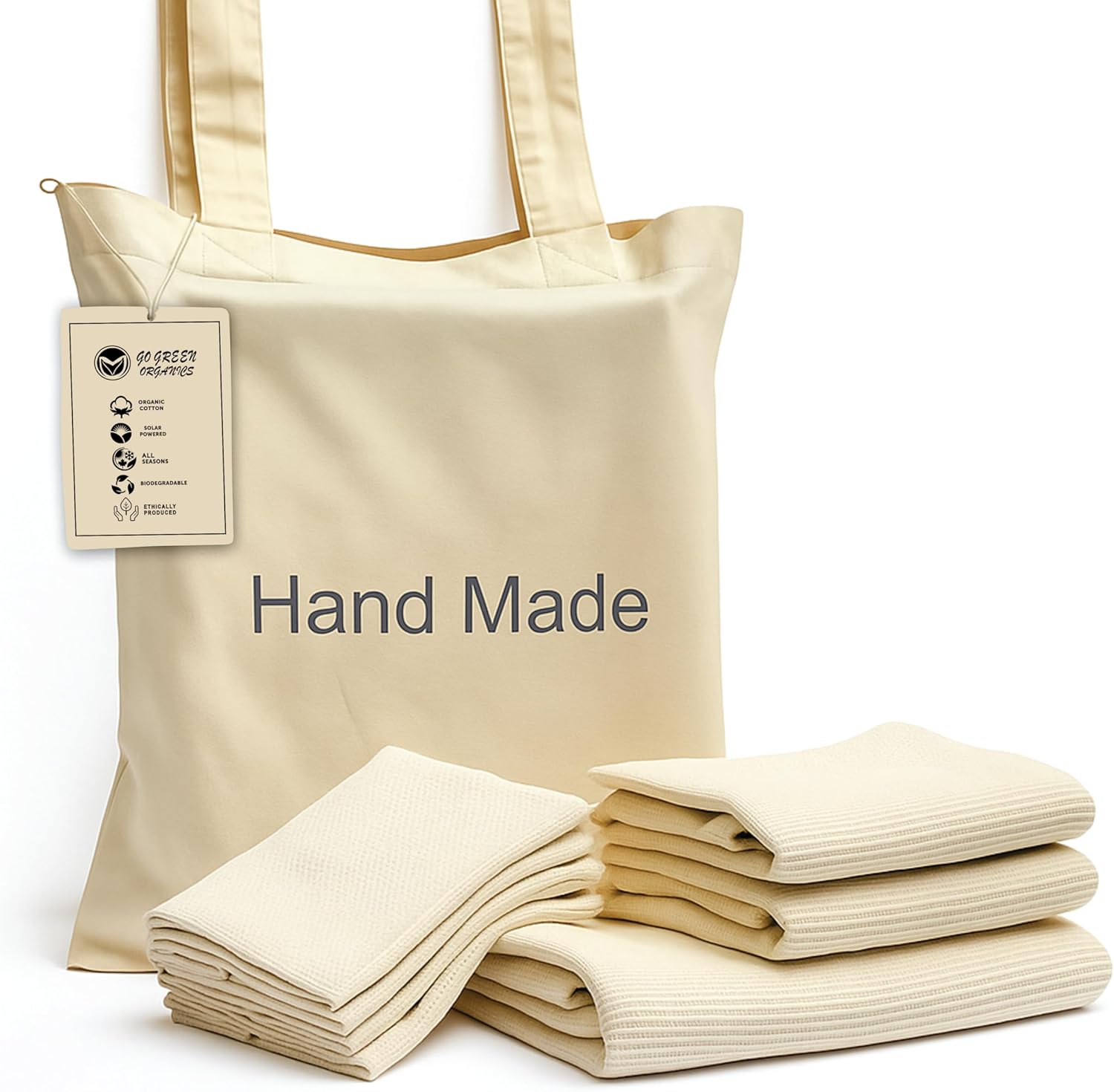 Organic Cotton Waffle Bath Towel Set, Handmade, Certified GOTS, Set of 7 (1xBATH 58x30.5, 2xHAND 29x20, 4xFACE 12x12 INCH), Natural, No Colour, No Softeners