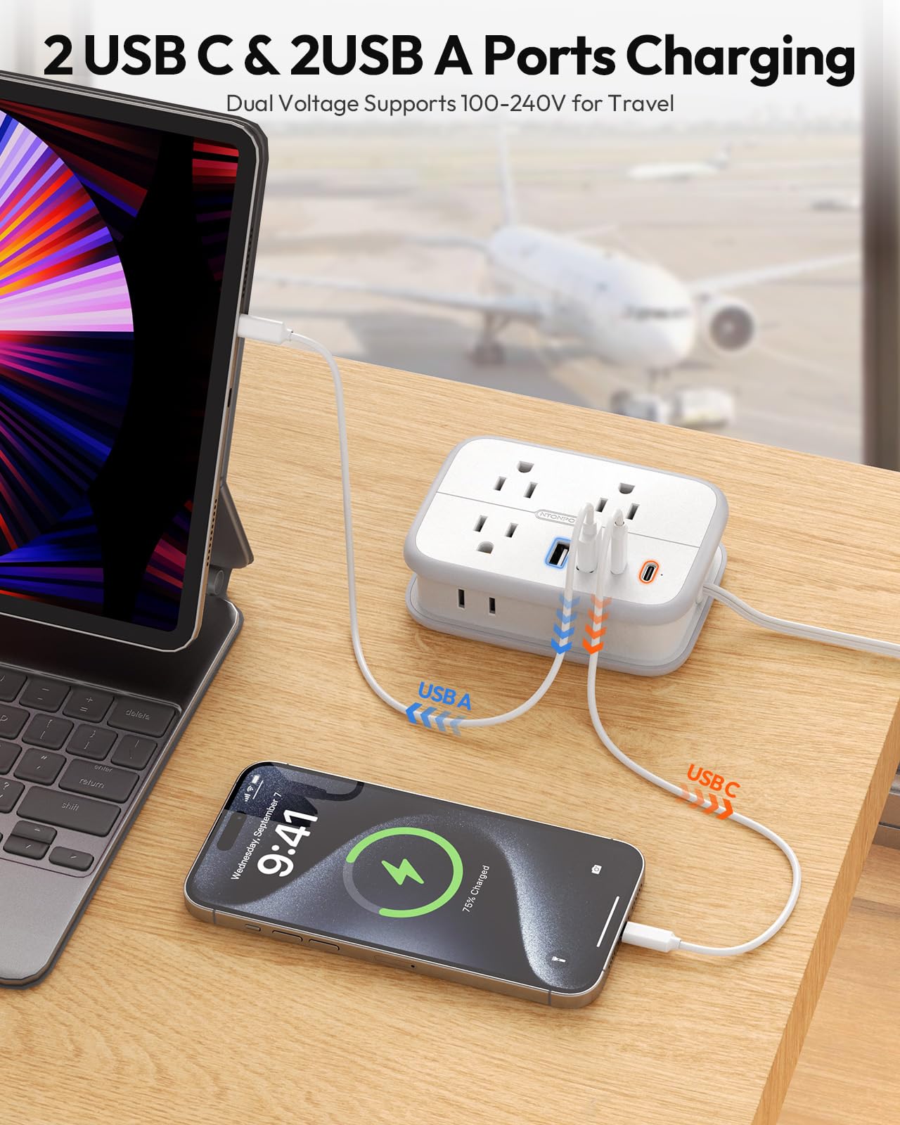 NTONPOWER Travel Power Strip, Flat Plug Power Strip with 6 Outlets 4 USB Ports(2 USB C), 4ft Extension Cord Wrapped Around for Cruise Ship, Travel, Hotel, Cruise Essentials
