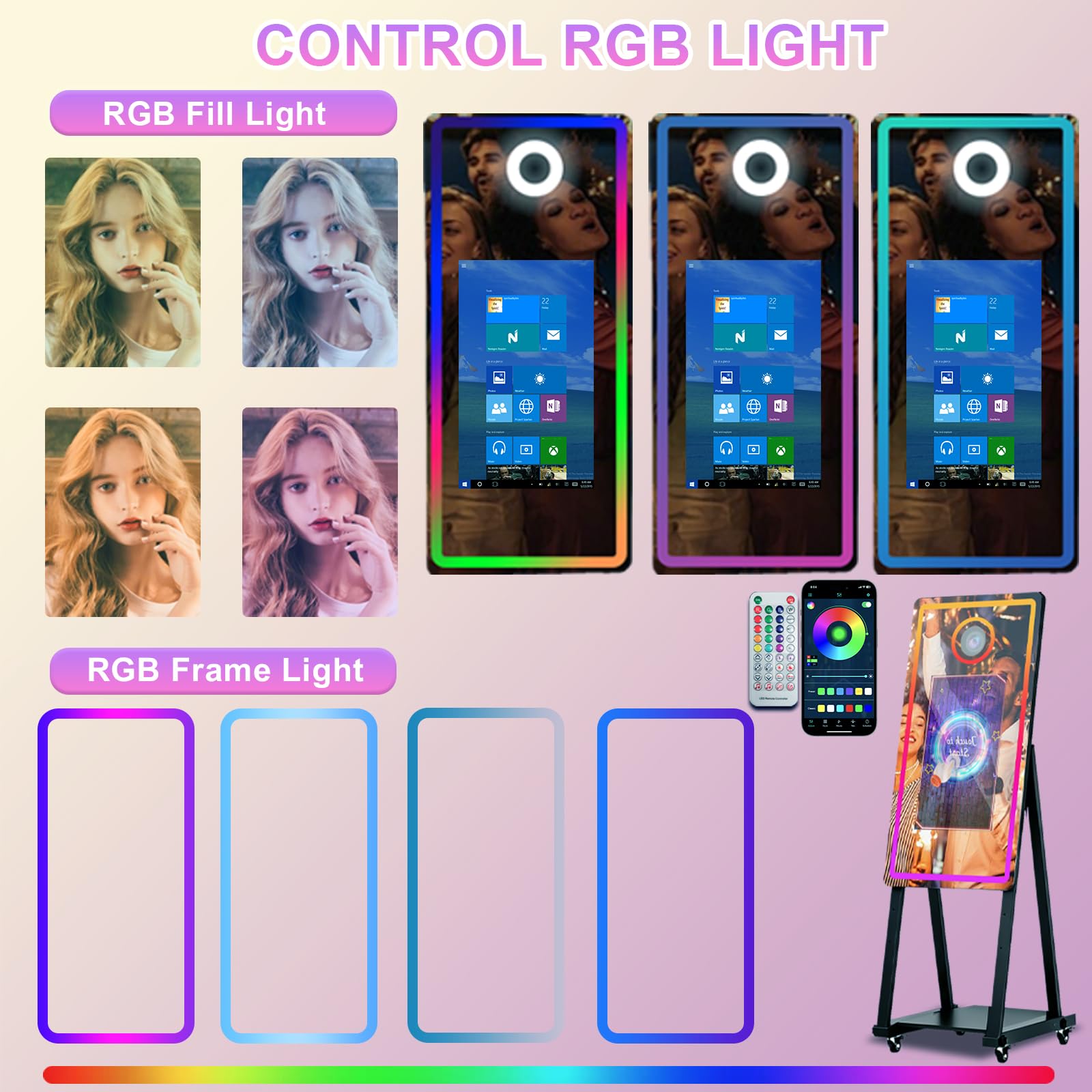 Maszyna do fotobudki fotograficznej z magicznym lustrem 101.6 cm z ekranem dotykowym 55.9 cm i lampą wypełniającą, z futerałem lotniczym, wbudowanym mini PC, sterowanie aplikacją, światło RGB na