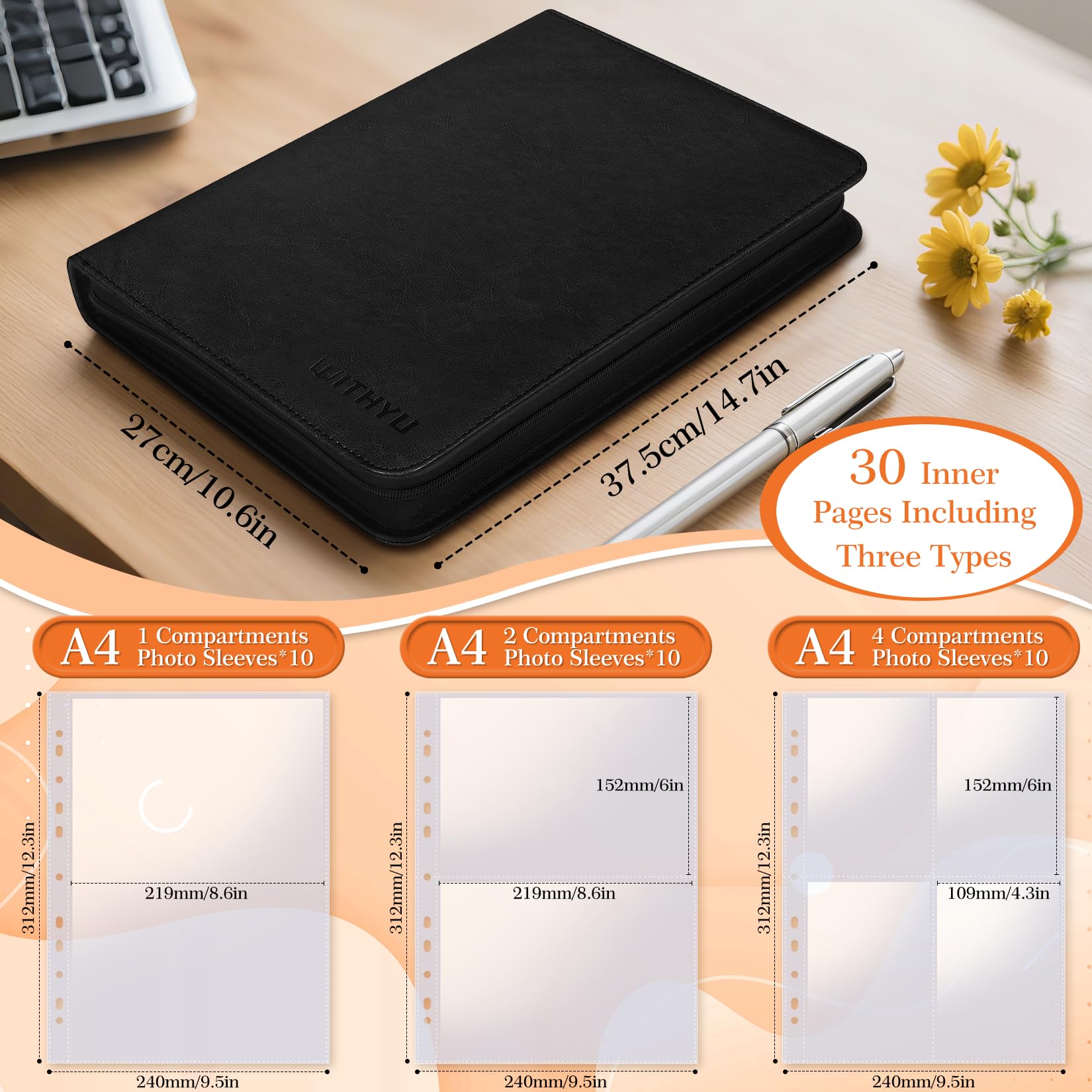 Álbum de Fotos A4 de Cuero PU con Fundas Transparentes Extraíbles - 30 Páginas (Tres Tipos de Bolsillos, Doble Cara) + Cremallera Impermeable - Para Fotos, Recuerdos de Bebé y Documentos (Negro)