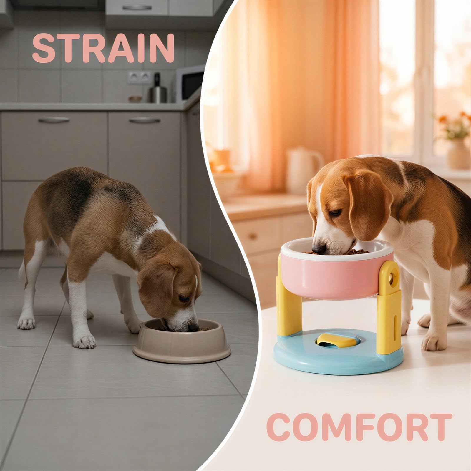 Comedero ergonómico para perros y gatos, altura ajustable, con bandeja de cerámica, soporte en forma de T, rosa y blanco, 19 x 16 x 14,5 cm