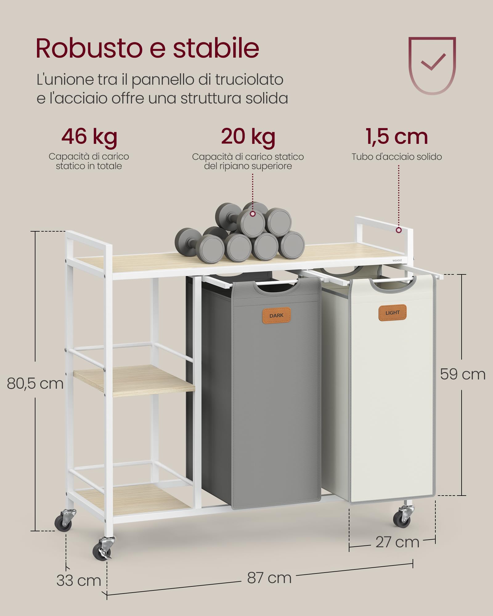 VASAGLE Cesto Portabiancheria 2 Scomparti Da 100L - Carrello Con Ruote, Sacchi Rimovibili, Ripiani, Grigio Tortora - Foto 12