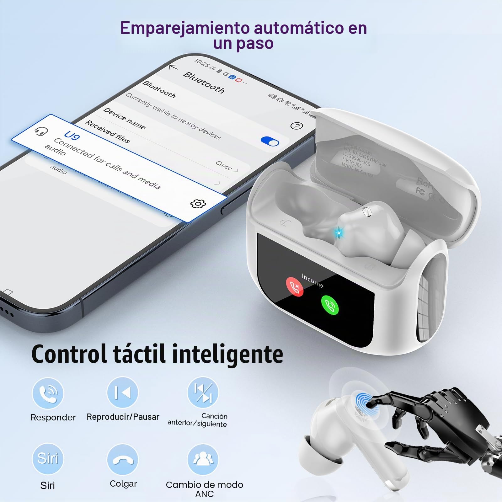 Thunelec Auriculares Inalambricos con Pantalla Táctil LED, 2026 Nuevo Auriculares Bluetooth 5.4 con Reducción de Ruido ANC+ENC y HD Mic, 48H Cascos Inalambricos con HiFi Estéreo/5 Modos EQ, Blanco