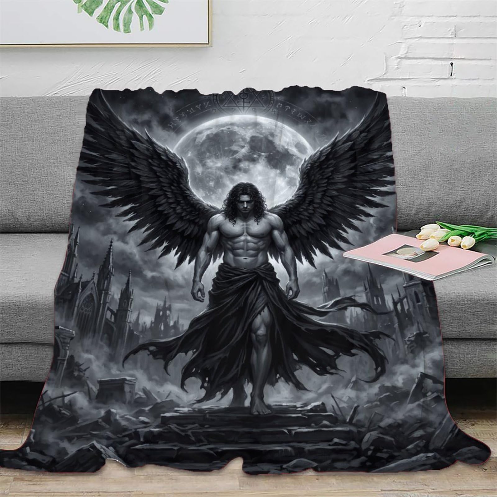 W7C8U2X3 Dark Angel Lucifer Ruins Moon Throw Blanket, Flannel, Office