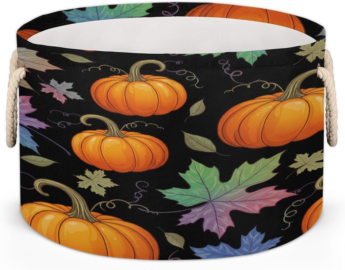 Large Storage Baskets - Pumpkin Fall Leaf Boho Nursery Round Collapsible Organizer Bin Box, Laundry Hamper for Kids Toys, Blanket, Bedroom Living Room Home Decor, Gift Basket, 19.4"x13.3"