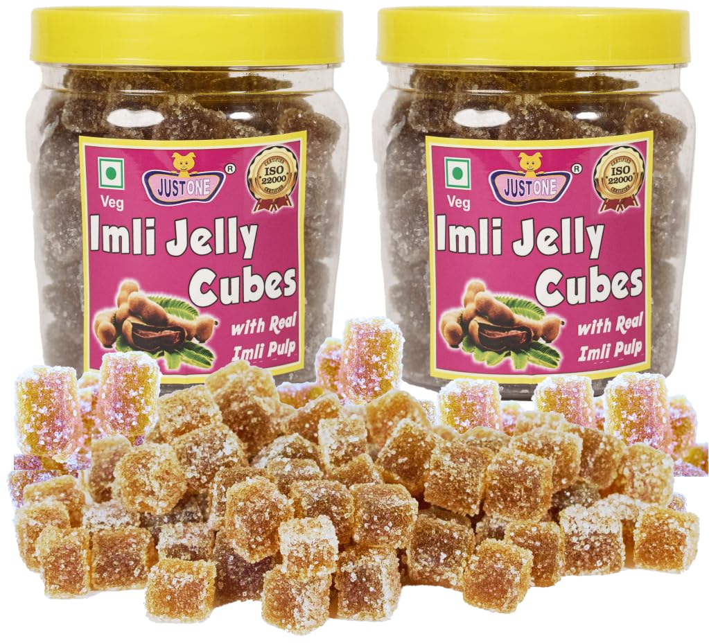 JUSTONE Tamarind Imli Soft Jelly Candy CUBES TWIN JAR PACK 500 Gms - ( 250 gms x 2 ) JUJUBE Jelly Bites | Tamarind | with Real Imli Pulp | Mixed Fruit Jelly candy | Jelly Beans |Jelly Candy pops | Jellies for kids and adults | Sugar coated Jelly Candy | Swiss Chocolates | Colorful Yummy Candy | Sugar Coated Soft Jellies | Birthday Gifts | Return Gifts | Gift Hampers | Function Party all Festival Gifting Occasions | Customized Labels available | Tamarind Jelly