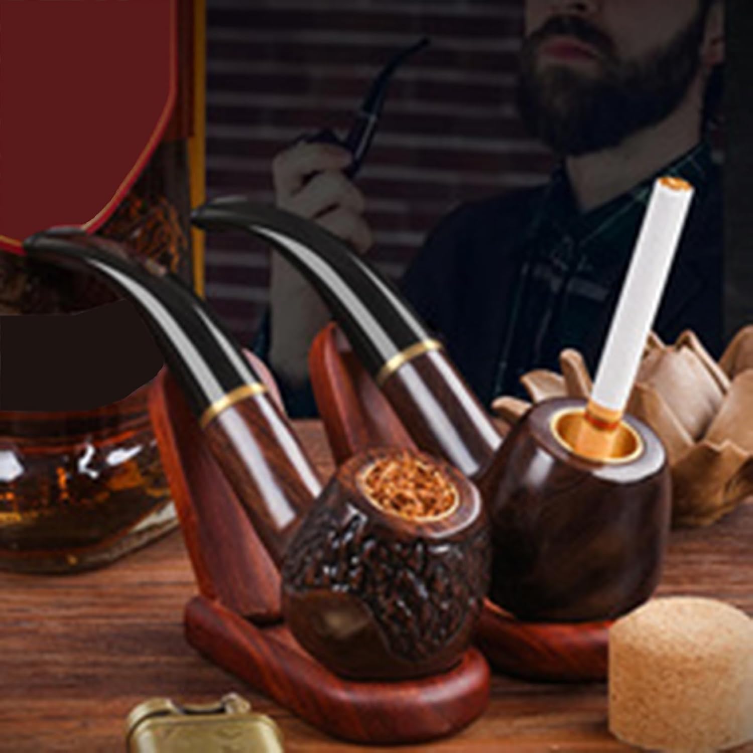 Pipes Tabacco Pipe Ebony Thick Thin Cigarette Tobacco Shreds Available for Collection Gift-Ebony with Carving