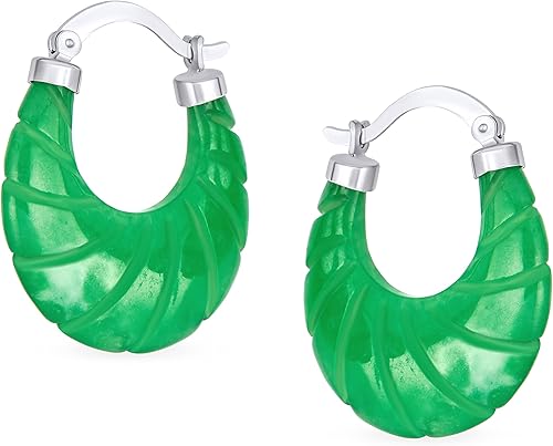 Miniatura 2 de Aretes de aro de jade verde claro con piedras preciosas auténticas, redondas, de bambú, para mujer, chapado en oro de 14 quilates, plata de ley .925