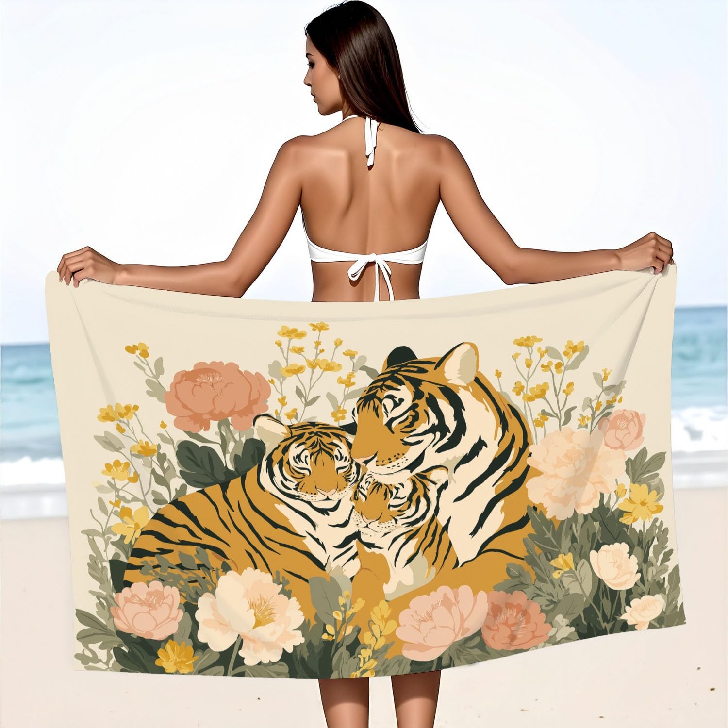 Générique Drap de Plage Anti Sable Sechage Rapide 200 cm x 100 cm Fantaisie Animaux Serviette de Plage Microfibre Bohème Fantaisie Chaleureux Plantes Fleurs Tigre Absorbante Super Couverture de Plage